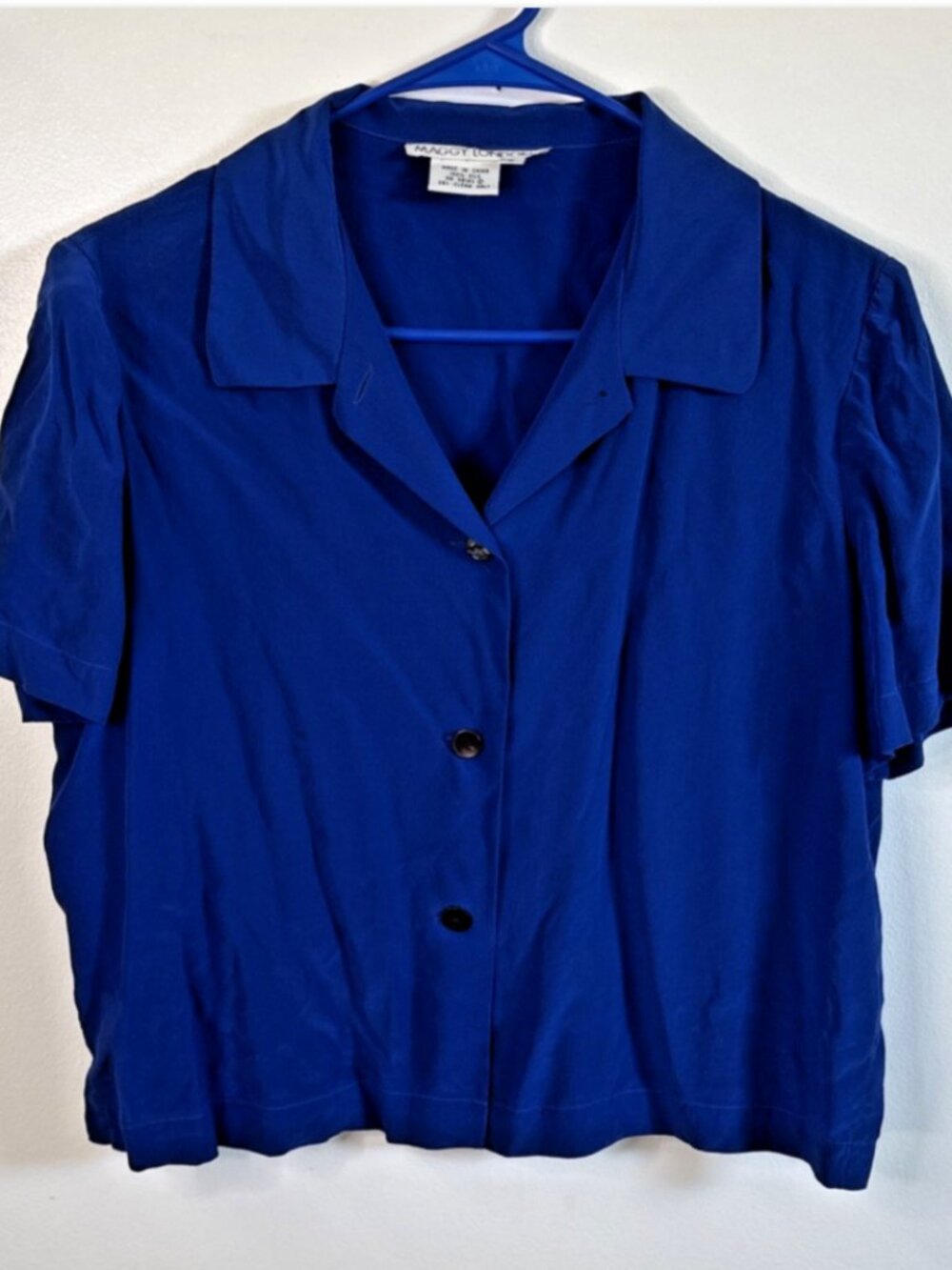 Maggy London 100% Silk Cobalt Blue Cropped Button Up Collared Shirt Women’s S